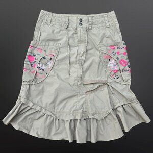 Y2K Cargo Skirt Size S Khaki Green Midi Below Knee Harajuku Grunge Fairy Cotton